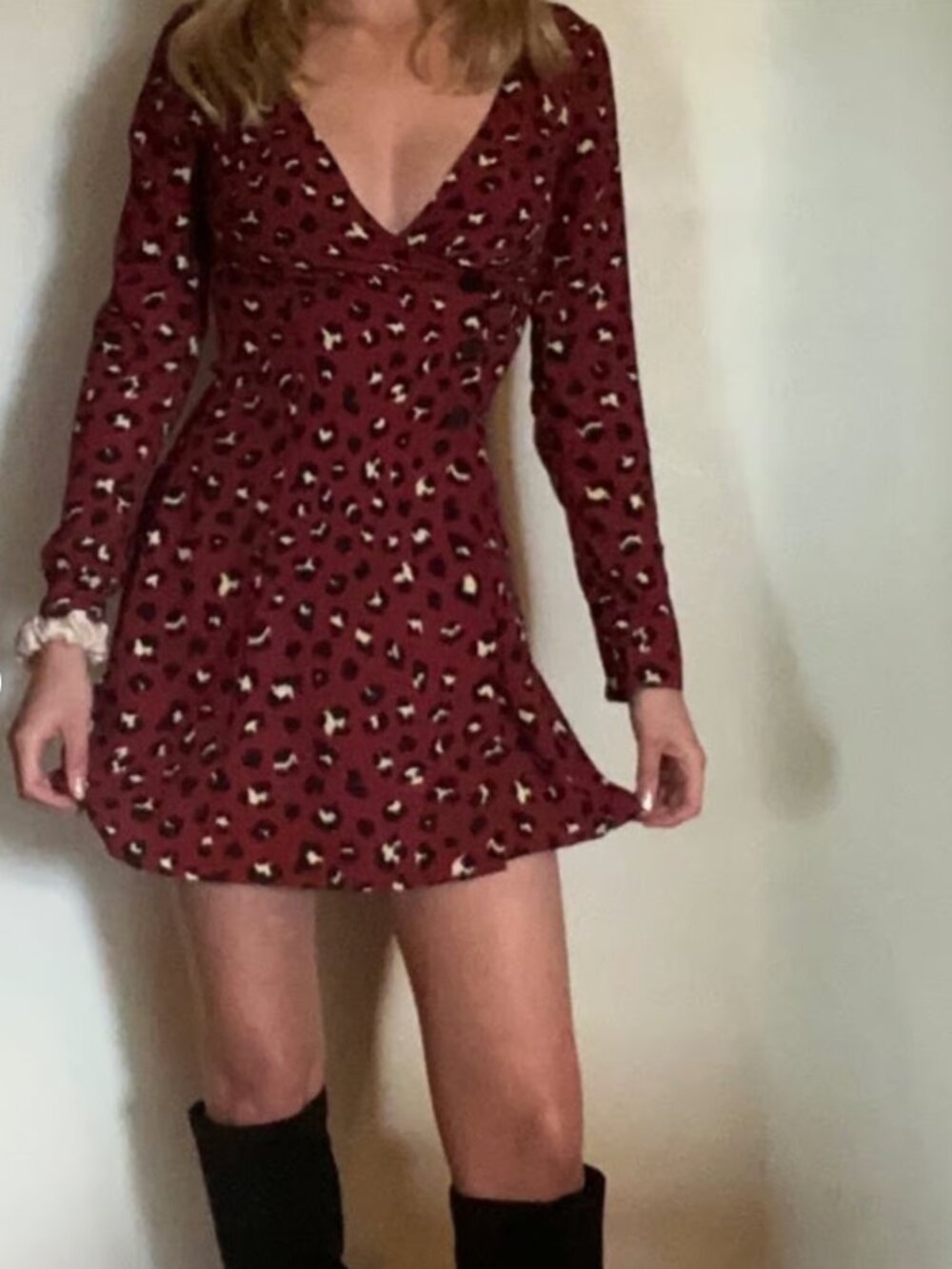 NWT Leopard Animal Print Tuxdeo Wrap Mini Long Sleeve Dress Pin Up Dark Femme 4